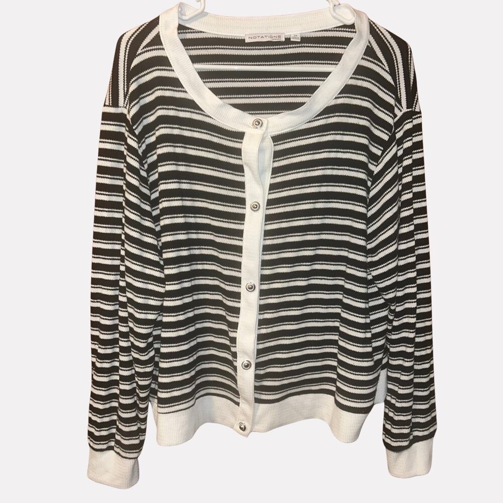 Notations 2X Black White Striped Knit Cardigan Plus Size Breton Stripe Preppy
